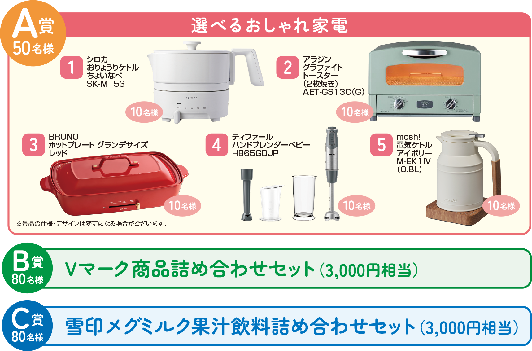 A賞50名様:選べるおしゃれ家電 B賞80名様:Vマーク商品詰め合わせセット(3,000円相当) C賞:雪印メグミルク果汁飲料詰め合わせセット(3,000円相当)